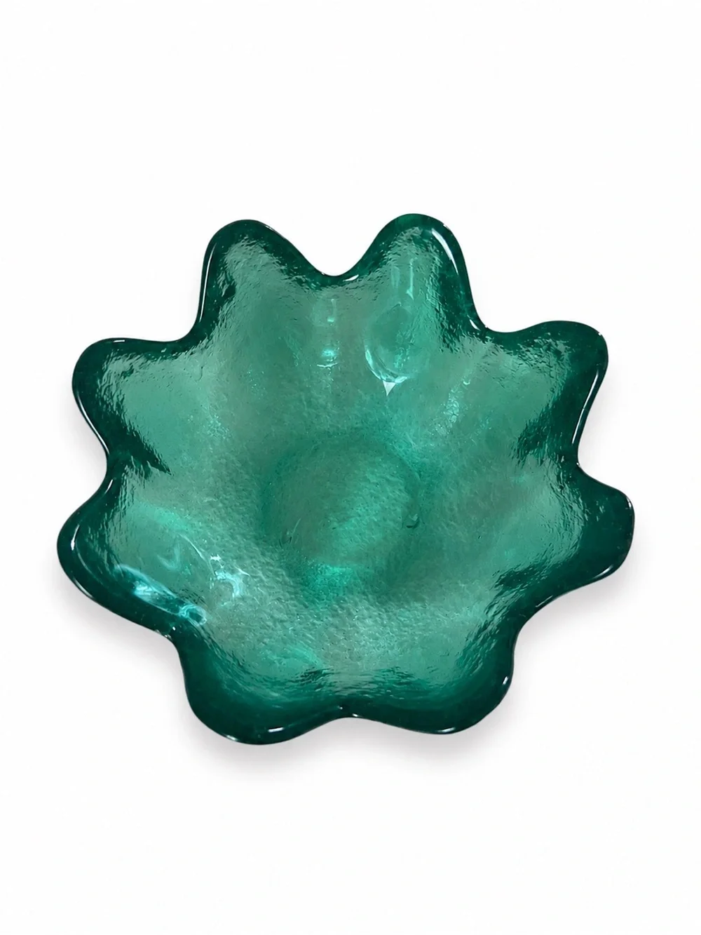 Vintage Blenko Emerald Green Art Glass Bowl Scalloped Lotus Flower